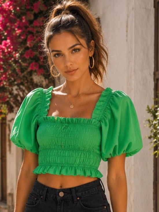 Endless Rose Tops - 🟣Endless Rose Bright Green Smocked Ruffle Crop Top